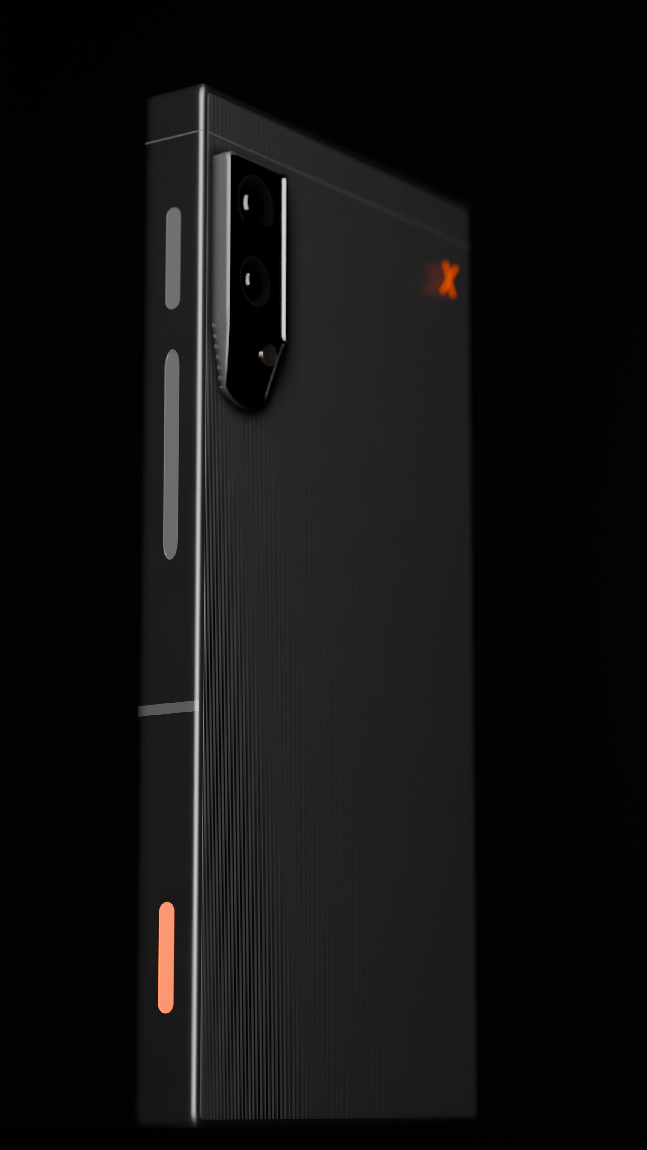 Brainwave rear housing render — anodized midframe, dual camera module, rust power button